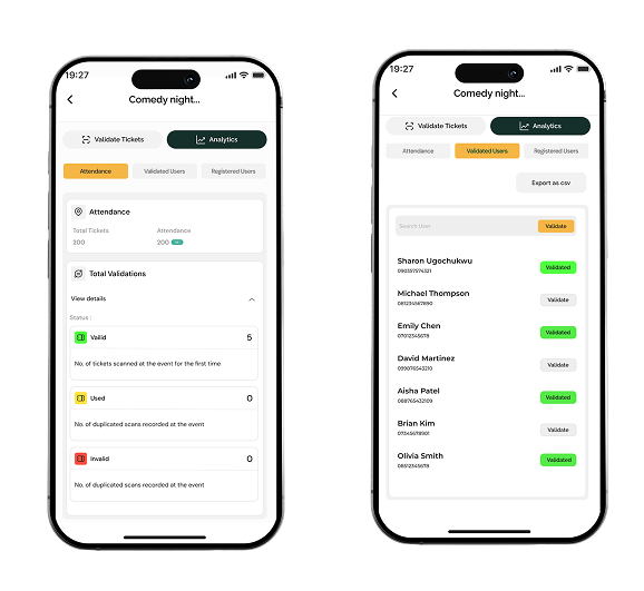 Real-time visibility for organizers. — app screen