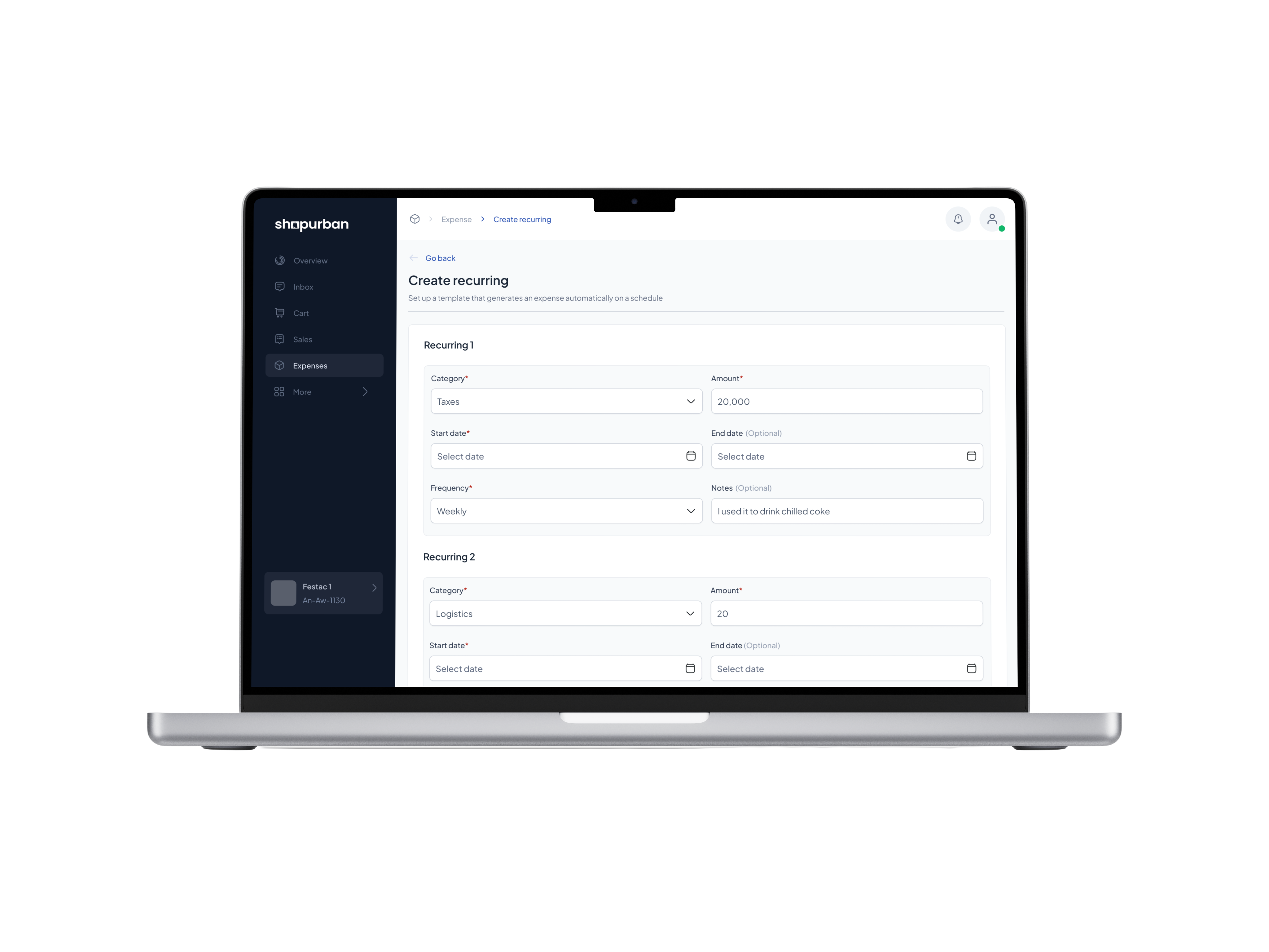 SHOPURBAN — invoicing and payments screen